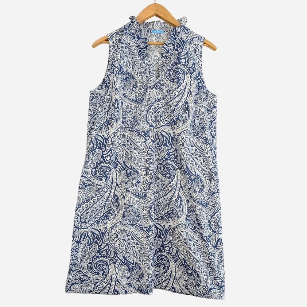 J.McLaughlin Durham Blue Paisley Ruffle Neck Sleeveless Shift Dress XL